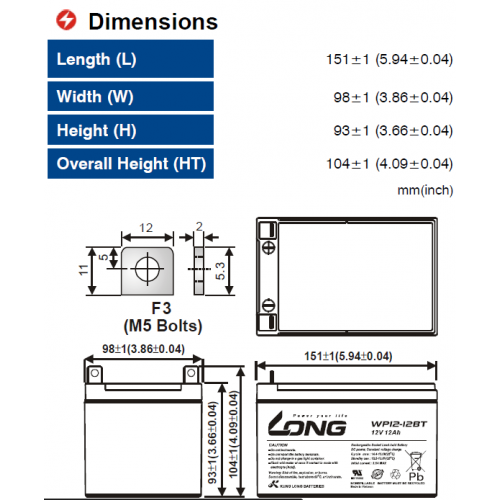 ẮC QUY KÍN KHÍ (VRLA AGM) LONG 12V-12Ah, WP12-12BT