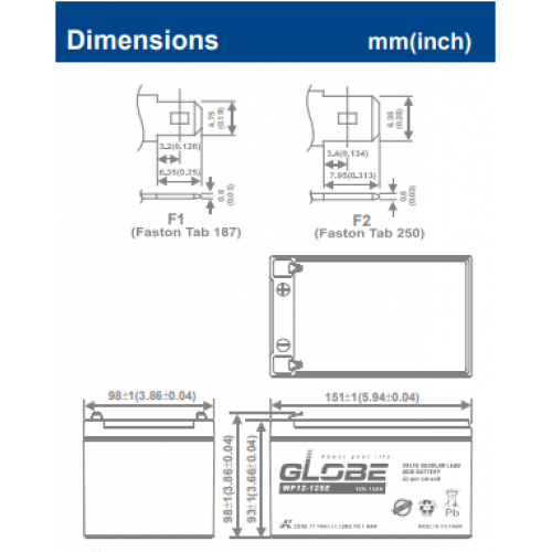 ẮC QUY KÍN KHÍ (VRLA AGM) GLOBE 12V-12Ah, WP12-12SE F2 (CỰC JACK)