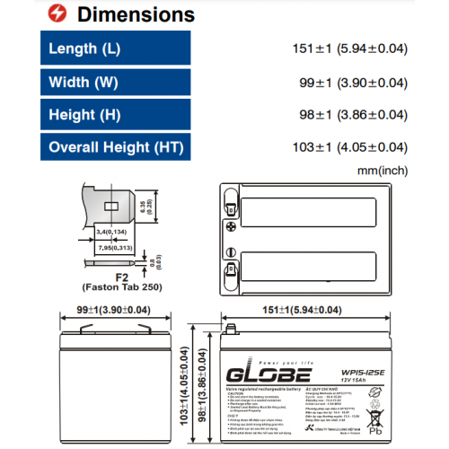 ẮC QUY KÍN KHÍ (VRLA AGM) GLOBE 12V-15Ah, WP15-12SE F2 (CỰC JACK)