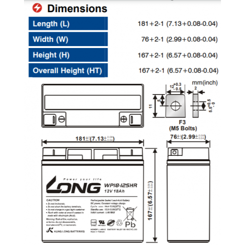 ẮC QUY KÍN KHÍ (VRLA AGM) LONG 12V-18Ah, WP18-12SHR