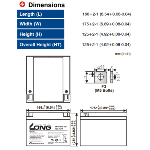 ẮC QUY KÍN KHÍ (VRLA AGM) LONG 12V-26Ah, (WP26-12; WP26-12N)