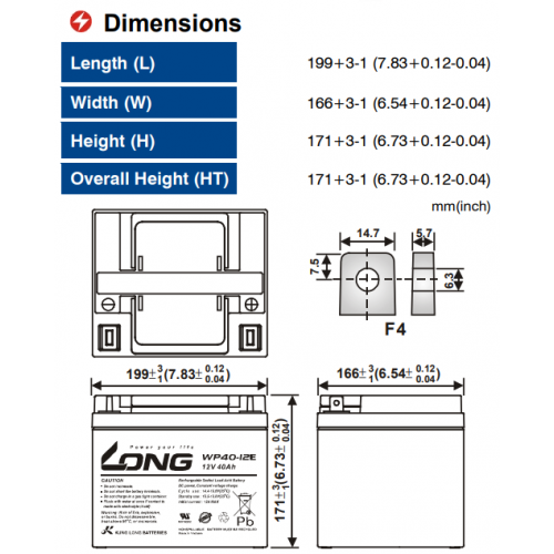 ẮC QUY KÍN KHÍ (VRLA AGM) LONG 12V-40Ah, (WP40-12E; WP40-12NE)