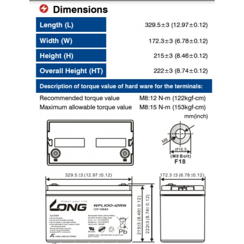 ẮC QUY KÍN KHÍ (VRLA AGM) LONG 12V-100Ah, WPL100-12RN