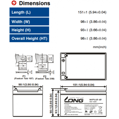 ẮC QUY KÍN KHÍ (VRLA AGM) LONG 12V-12Ah, WPL12-12