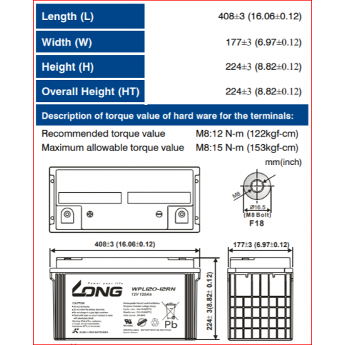 ẮC QUY KÍN KHÍ (VRLA AGM) LONG 12V-120Ah, WPL120-12RN