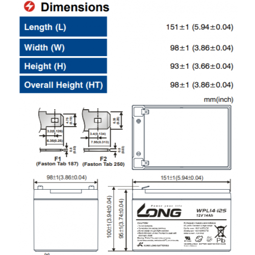 ẮC QUY KÍN KHÍ (VRLA AGM) LONG 12V-14Ah, WPL14-12S