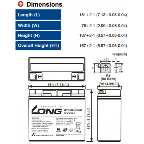 ẮC QUY KÍN KHÍ (VRLA AGM) LONG 12V-18Ah, WPL18-12SHR