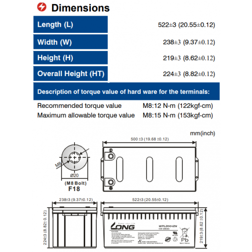 ẮC QUY KÍN KHÍ (VRLA AGM) LONG 12V-200Ah, WPL200-12N