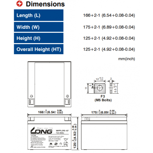 ẮC QUY KÍN KHÍ (VRLA AGM) LONG 12V-26Ah, (WPL26-12; WPL26-12N)