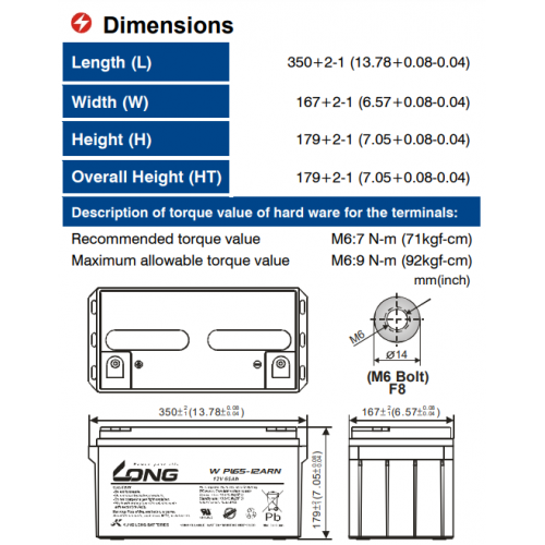 ẮC QUY KÍN KHÍ (VRLA AGM) LONG 12V-65Ah, WPL65-12ARN