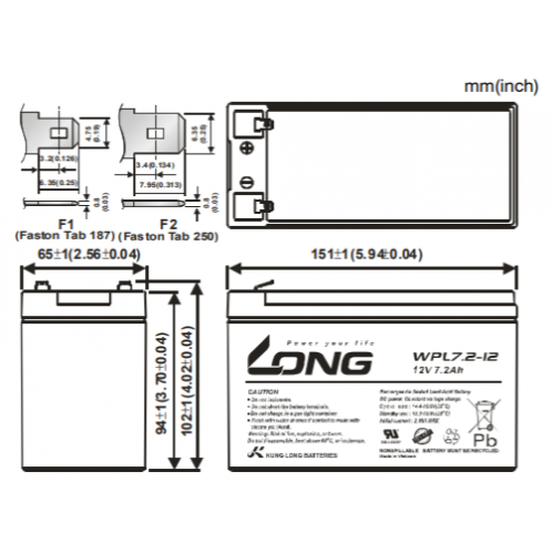 ẮC QUY KÍN KHÍ (VRLA AGM) LONG 12V-7.2Ah, WPL7.2-12