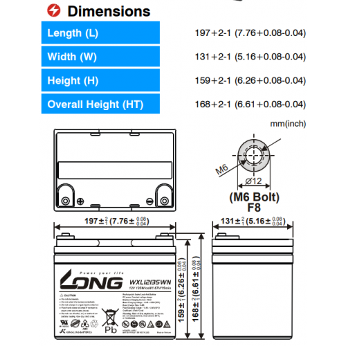 ẮC QUY KÍN KHÍ (VRLA AGM) LONG 12V 135WPC-1.67VPC-15Min, WXL12135WN