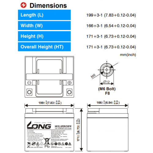 ẮC QUY KÍN KHÍ (VRLA AGM) LONG 12V 154WPC-1.67VPC-15Min, WXL12150WN