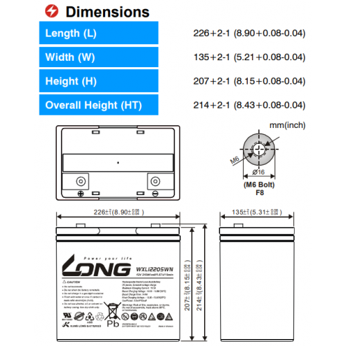 ẮC QUY KÍN KHÍ (VRLA AGM) LONG 12V 215WPC-1.67VPC-15Min, WXL12205WN