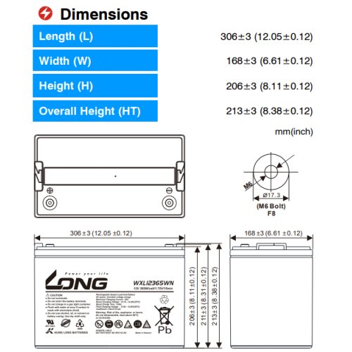 ẮC QUY KÍN KHÍ (VRLA AGM) LONG 12V 365WPC-1.70VPC-15Min, WXL12365WN