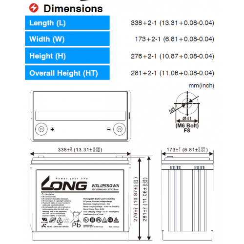 ẮC QUY KÍN KHÍ (VRLA AGM) LONG 12V 550WPC-1.67VPC-15Min, WXL12550WN